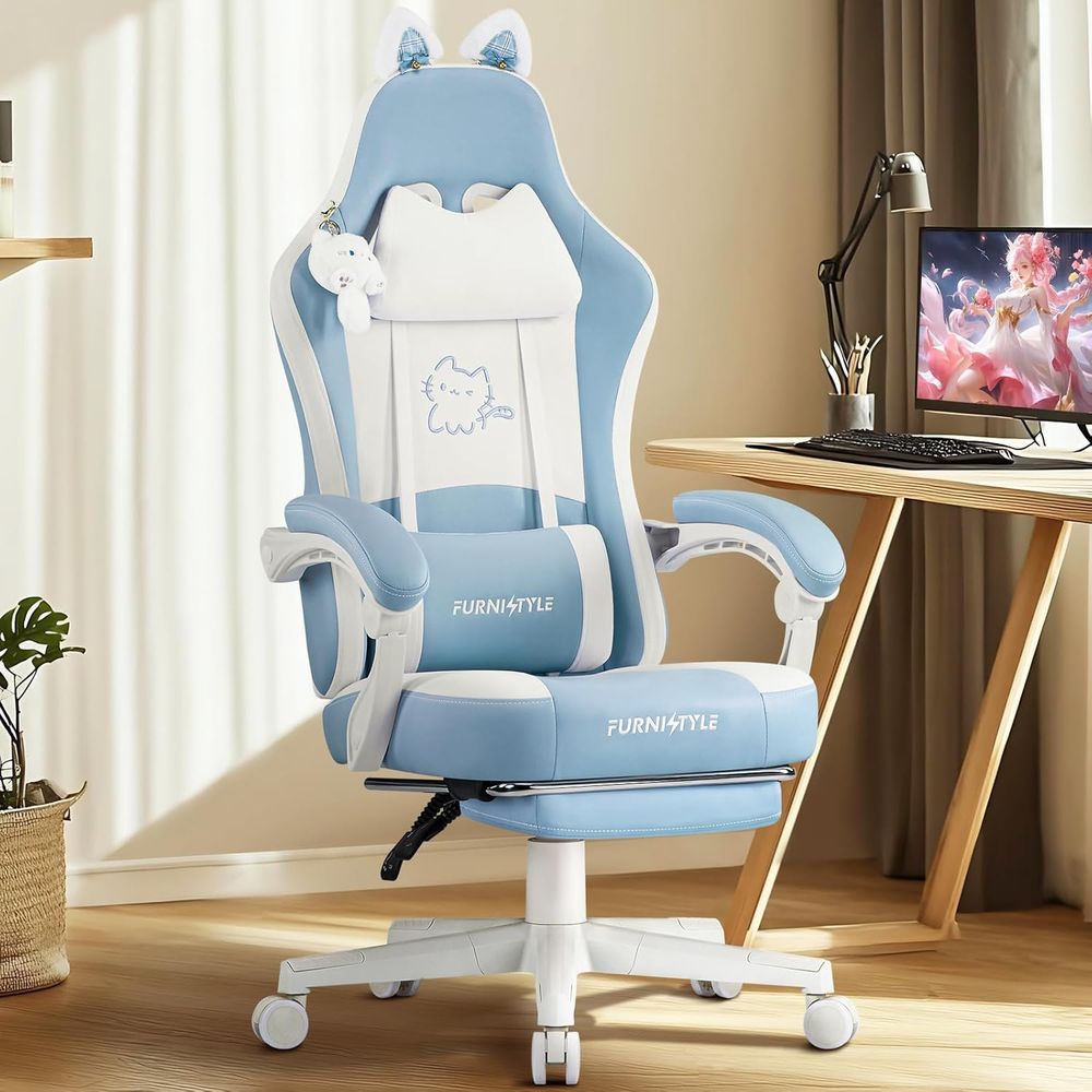 Massage - Ergonomischer Blau/Weißer Gaming-Stuhl mit Lendenwirbelstütze und